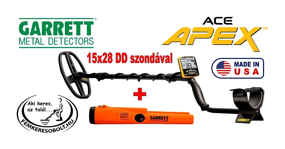 Garrett Ace Apex 15x28 cm-es DD szondával Pointerrel