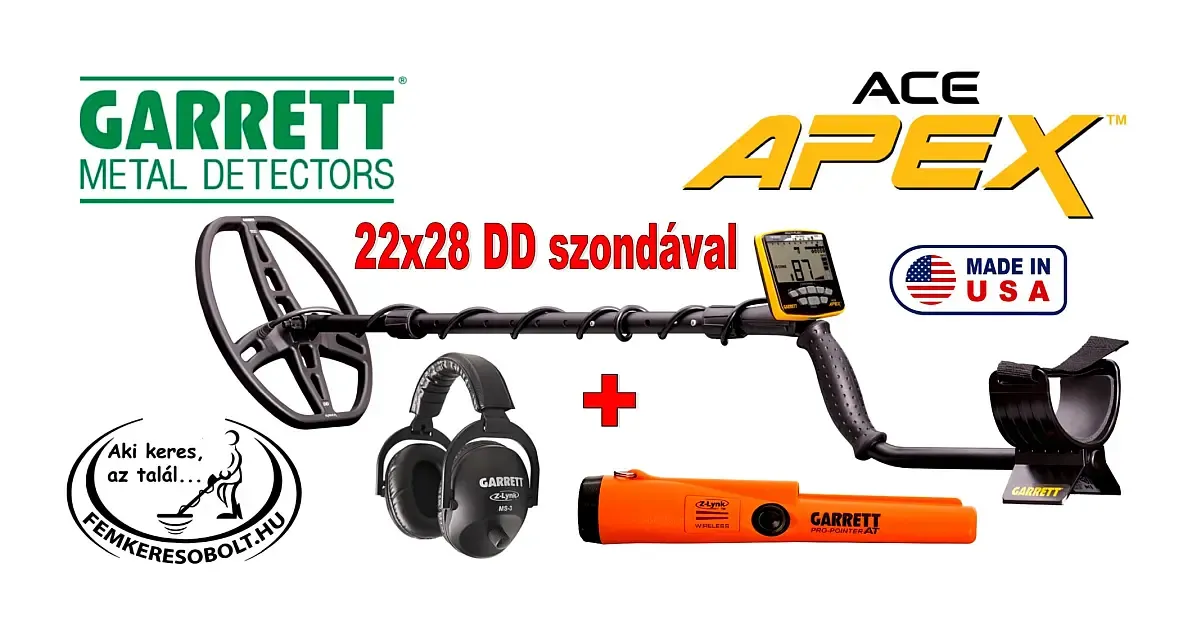 Garrett Ace Apex 22x28 cm-es DD szondával fejhallgatóval Pointerrel