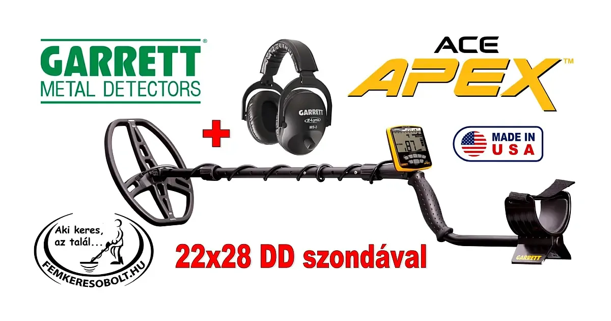 GarrettAce Apex vezeték nélküli fejhallgatóval és 22x28 cm-es DD szondával